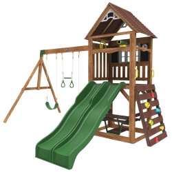 Complex de joaca Lindal Deluxe PlaySet  KidKraft din lemn - Centru pe 2 nivele din cedru cu leagane si doua tobogane  Complex de joaca Lindal Deluxe PlaySet  KidKraft din lemn - Centru pe 2 nivele din cedru cu leagane si doua tobogane